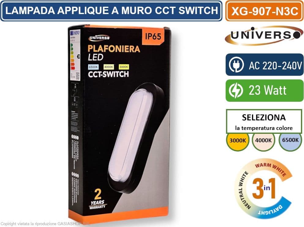 UNIVERSO XG-907-N3C PLAFONIERA LED SMD OVALE 23W DA ESTERNO IP65 CAMBIA COLORE SWITCH CCT 3in1 3000K-4000K-6500K - 4