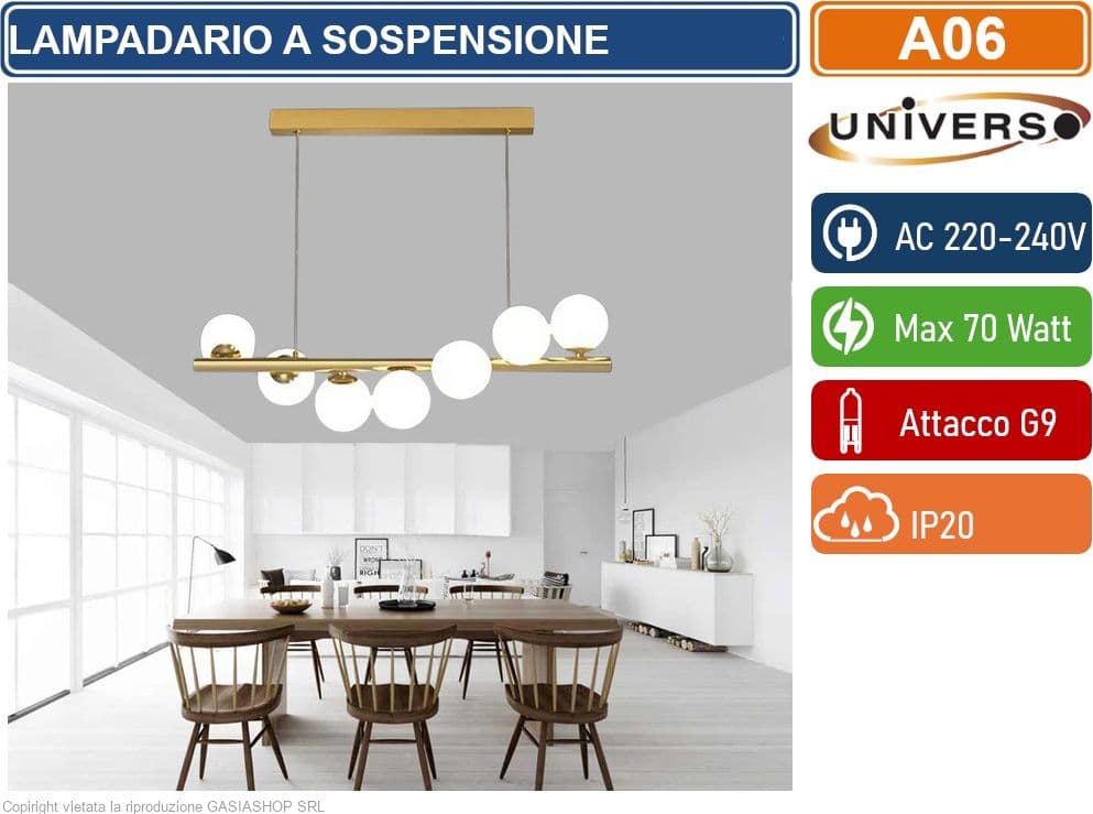 UNIVERSO A06 LAMPADARIO A SOSPENSIONE CON 7 ATTACCHI G9 POTENZA 70W COLOR ORO CON 7 SFERE OPACHE