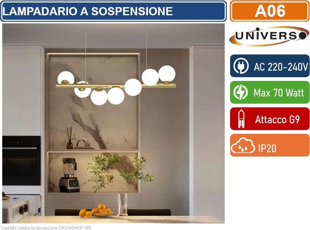 UNIVERSO A06 LAMPADARIO A SOSPENSIONE CON 7 ATTACCHI G9 POTENZA 70W COLOR ORO CON 7 SFERE OPACHE - 2