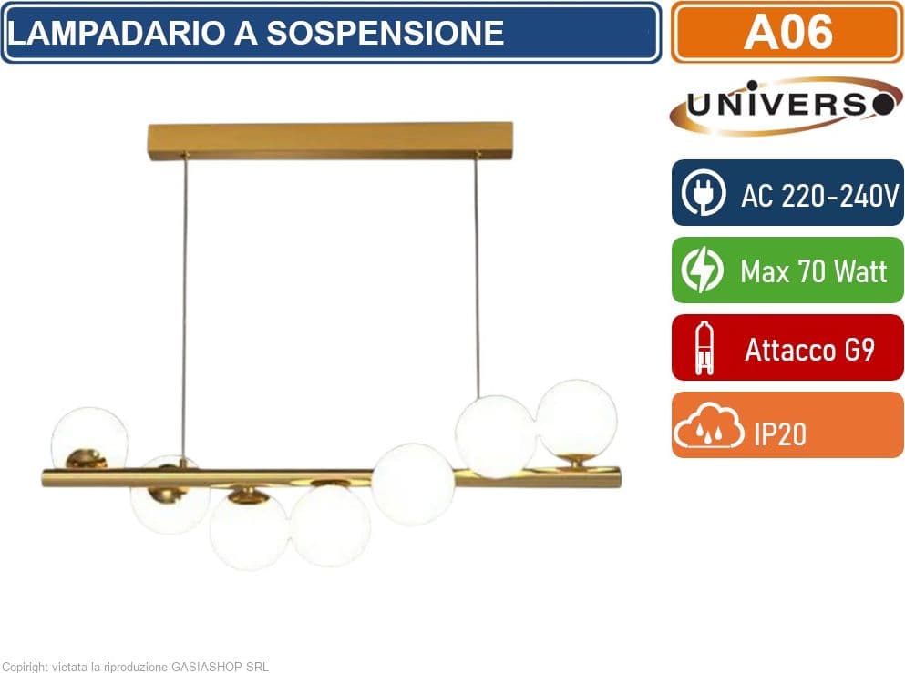 UNIVERSO A06 LAMPADARIO A SOSPENSIONE CON 7 ATTACCHI G9 POTENZA 70W COLOR ORO CON 7 SFERE OPACHE - 3