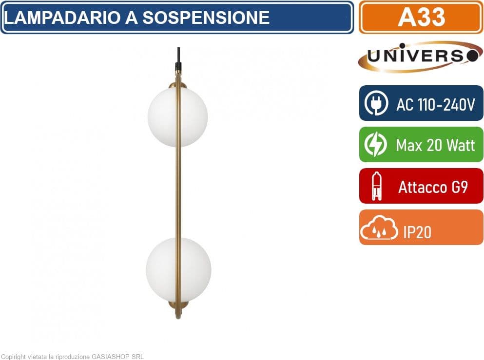 UNIVERSO A33 LAMPADARIO A SOSPENSIONE MINIMAL FORMA OVALE CON 2 ATTACCHI G9 POTENZA 20W COLOR ORO CON 2 SFERE OPACHE - 2