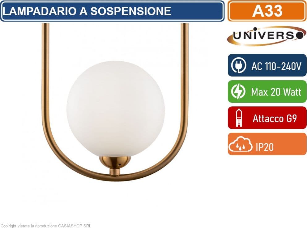 UNIVERSO A33 LAMPADARIO A SOSPENSIONE MINIMAL FORMA OVALE CON 2 ATTACCHI G9 POTENZA 20W COLOR ORO CON 2 SFERE OPACHE - 3