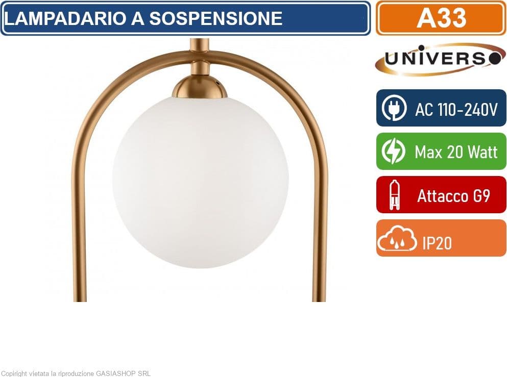 UNIVERSO A33 LAMPADARIO A SOSPENSIONE MINIMAL FORMA OVALE CON 2 ATTACCHI G9 POTENZA 20W COLOR ORO CON 2 SFERE OPACHE - 4