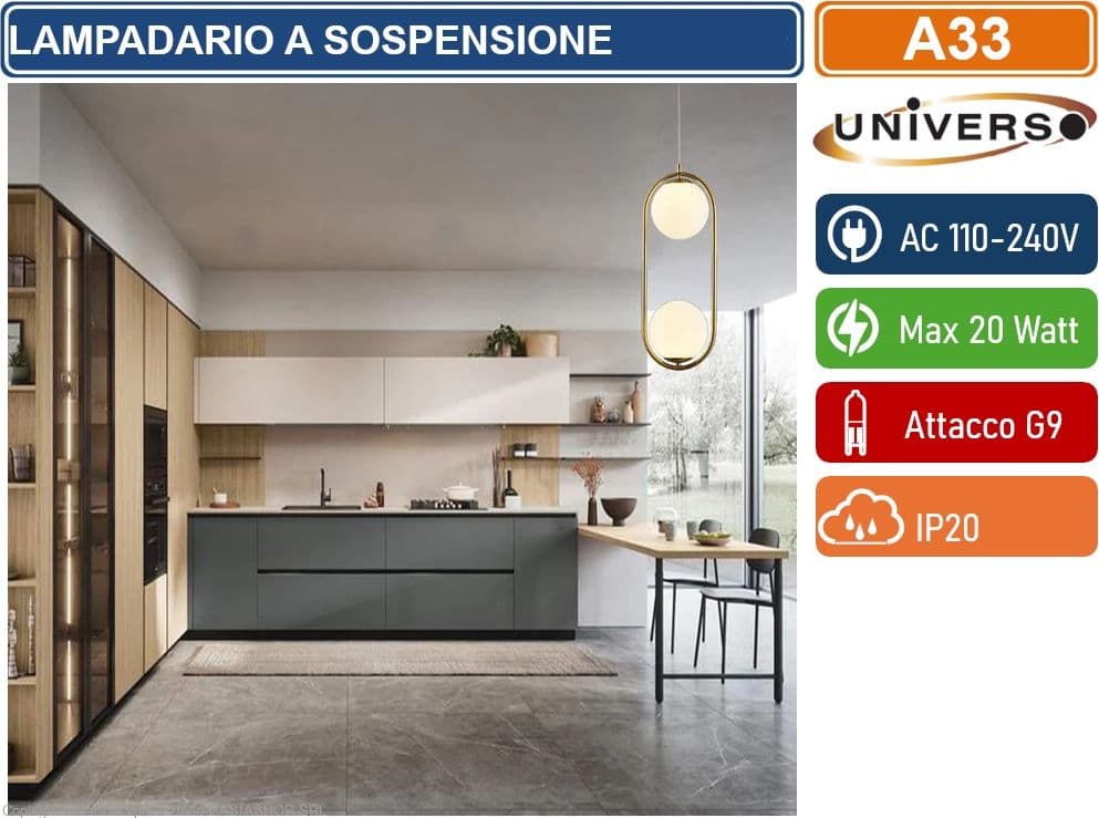 UNIVERSO A33 LAMPADARIO A SOSPENSIONE MINIMAL FORMA OVALE CON 2 ATTACCHI G9 POTENZA 20W COLOR ORO CON 2 SFERE OPACHE - 5