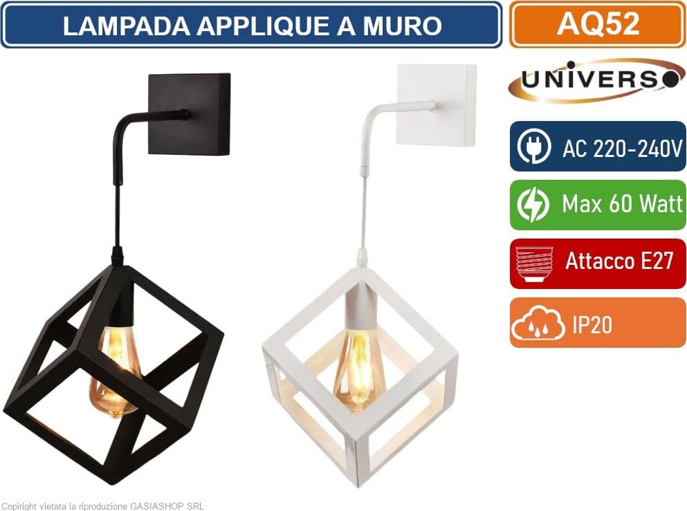 UNIVERSO AQ52 LAMPADA APPLIQUE A MURO CON FORMA CUBICA TRIDIMENSIONALE CON ATTACCO E27 MAX 60W COLORE BIANCO - NERO