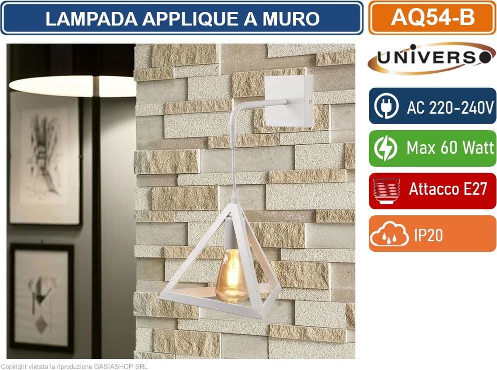 UNIVERSO AQ54 LAMPADA APPLIQUE A MURO CON FORMA TRIANGOLARE TRIDIMENSIONALE CON ATTACCO E27 MAX 60W COLORE BIANCO - NERO - 3