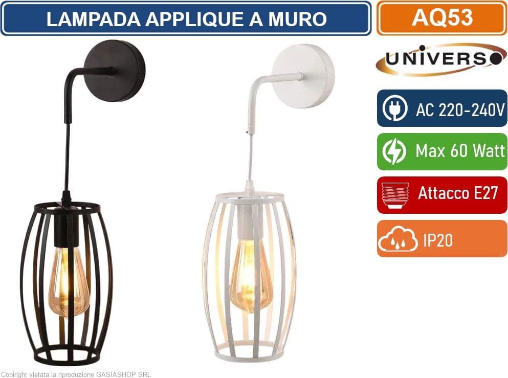 UNIVERSO AQ53 LAMPADA APPLIQUE A MURO CON FORMA OVALE TRIDIMENSIONALE CON ATTACCO E27 MAX 60W COLORE BIANCO - NERO
