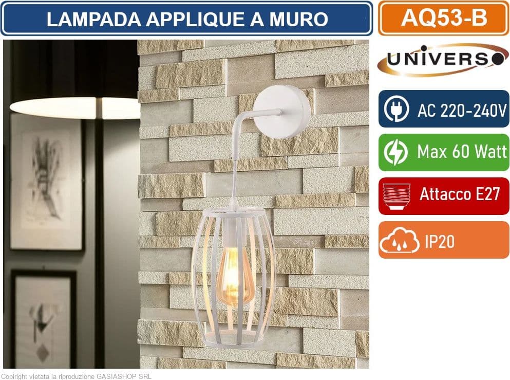 UNIVERSO AQ53 LAMPADA APPLIQUE A MURO CON FORMA OVALE TRIDIMENSIONALE CON ATTACCO E27 MAX 60W COLORE BIANCO - NERO - 3