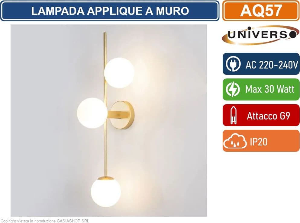 UNIVERSO AQ57 LAMPADA APPLIQUE A MURO MINIMLISTA CON 3 ATTACCHI G9 MAX 30W CON TRE SFERE IN ACRILICO
