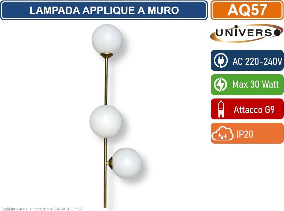 UNIVERSO AQ57 LAMPADA APPLIQUE A MURO MINIMLISTA CON 3 ATTACCHI G9 MAX 30W CON TRE SFERE IN ACRILICO - 2