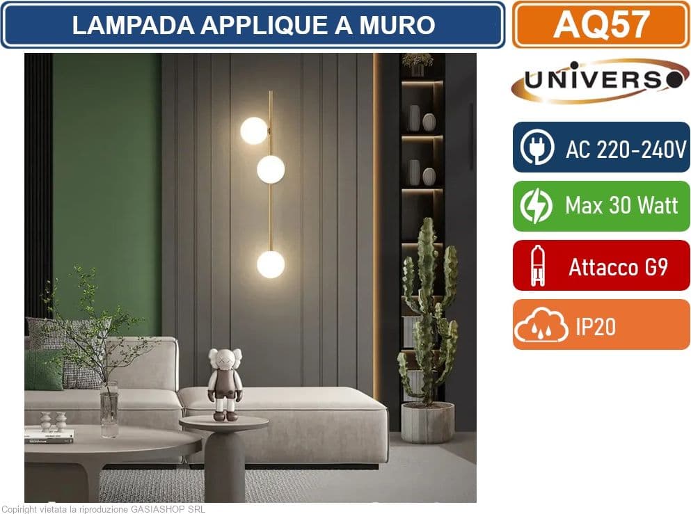 UNIVERSO AQ57 LAMPADA APPLIQUE A MURO MINIMLISTA CON 3 ATTACCHI G9 MAX 30W CON TRE SFERE IN ACRILICO - 5