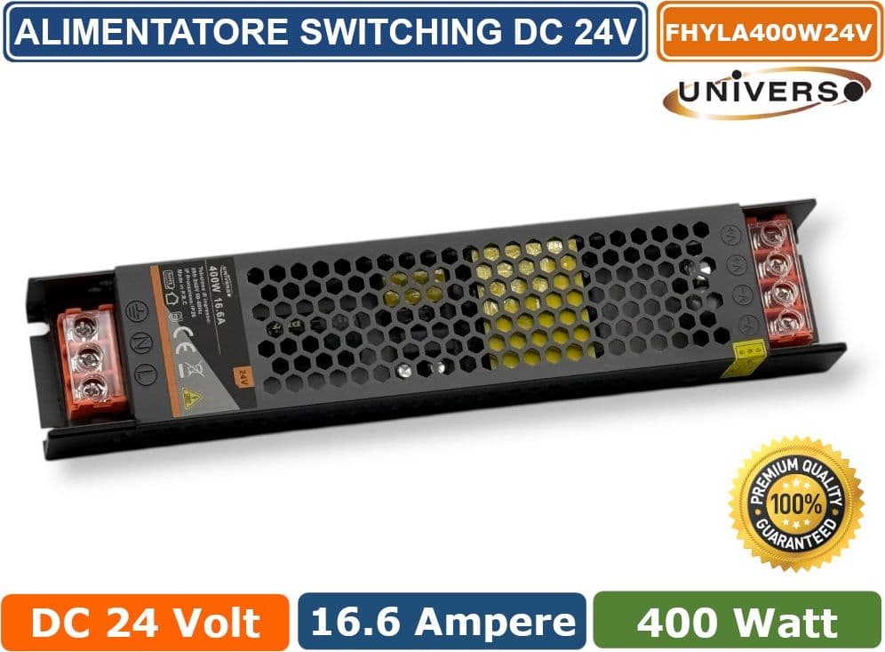 ALIMENTATORE SLIM METALLICO STABILIZZATO SWITCHING TRIMMER 220V-24V 16.6A 400 WATT COLORE NERO - 2