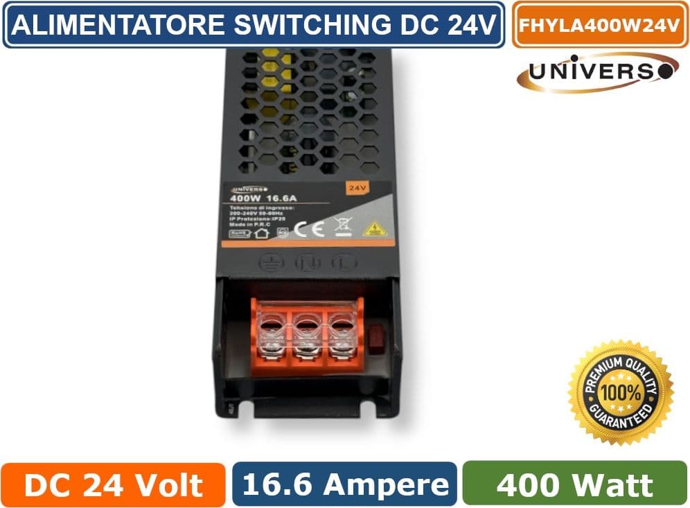 ALIMENTATORE SLIM METALLICO STABILIZZATO SWITCHING TRIMMER 220V-24V 16.6A 400 WATT COLORE NERO - 3