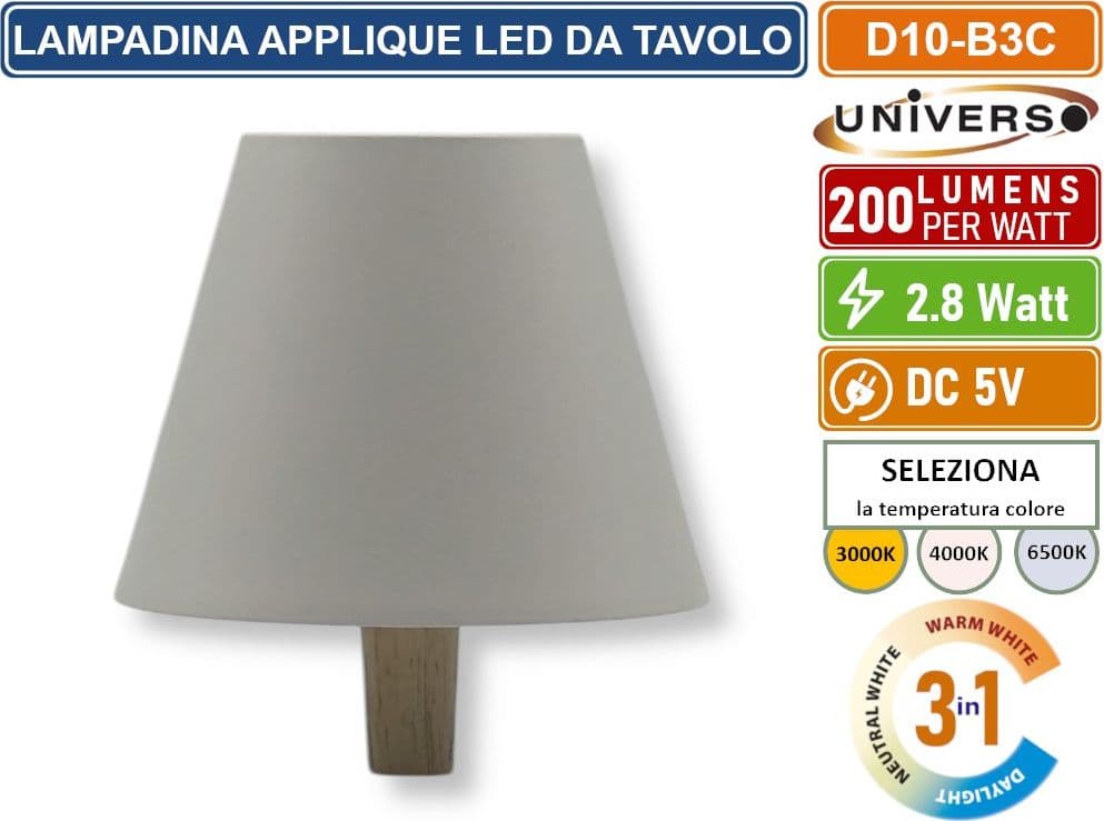 UNIVERSO D10-B3C LAMPADA LED RICARICABILE DA TAVOLO PER BOTTIGLIE COLORE LUCE SELEZIONABILE CCT 3in1 - 2