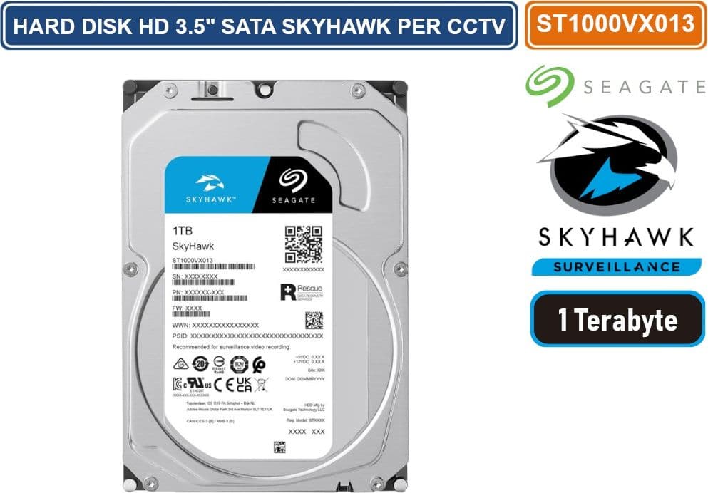 HARD DISK HD 3,5" SATA SKYHAWK 2000 GB 2TB 6Gb/s SEAGATE ST2000VX017 CCTV