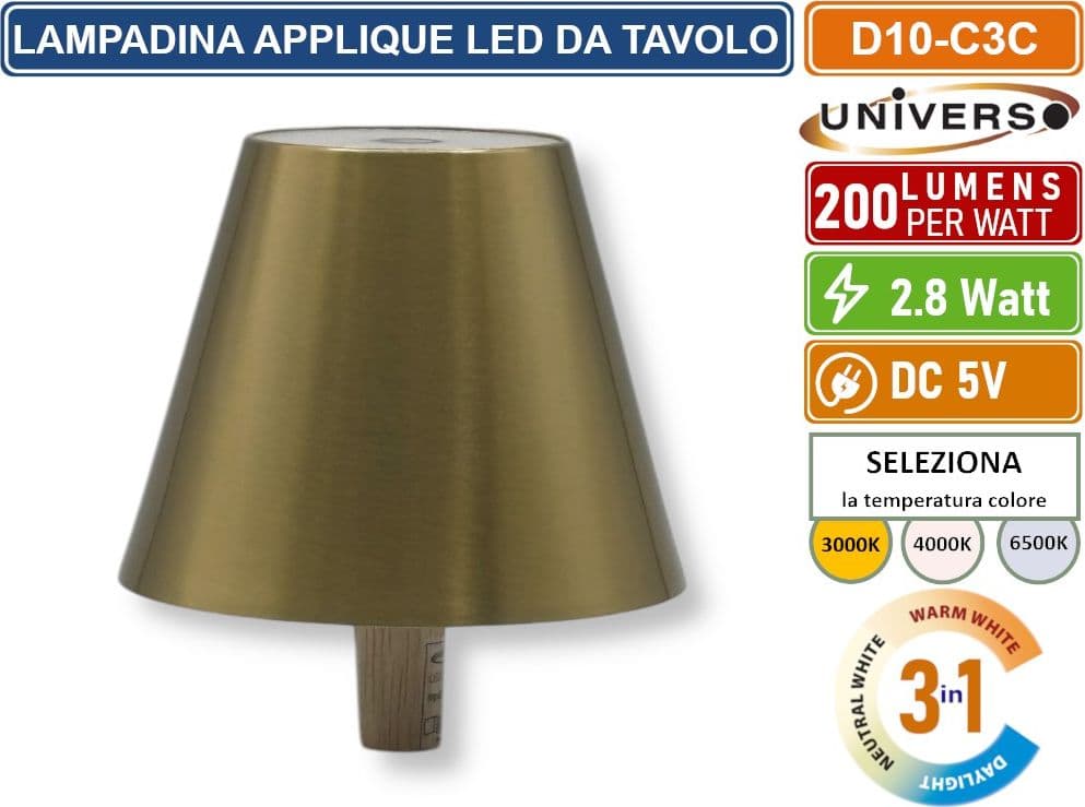 UNIVERSO D10-C3C LAMPADA LED RICARICABILE DA TAVOLO PER BOTTIGLIE COLORE LUCE SELEZIONABILE CCT 3in1 - 2