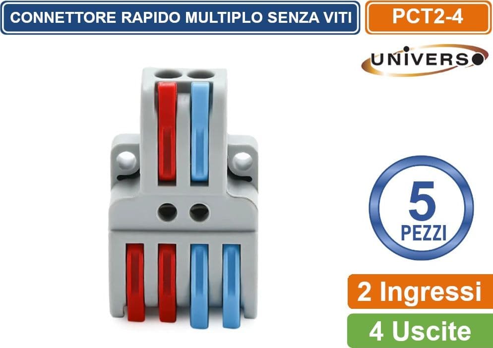 UNIVERSO CONFEZIONE 5 PEZZI MORSETTO CONNETTORE UNIVERSALE MULTIPLO CONNESSIONE RAPIDA SENZA VITI  2 POLI IN INGRESSO 4 POLI IN USCITA - 2