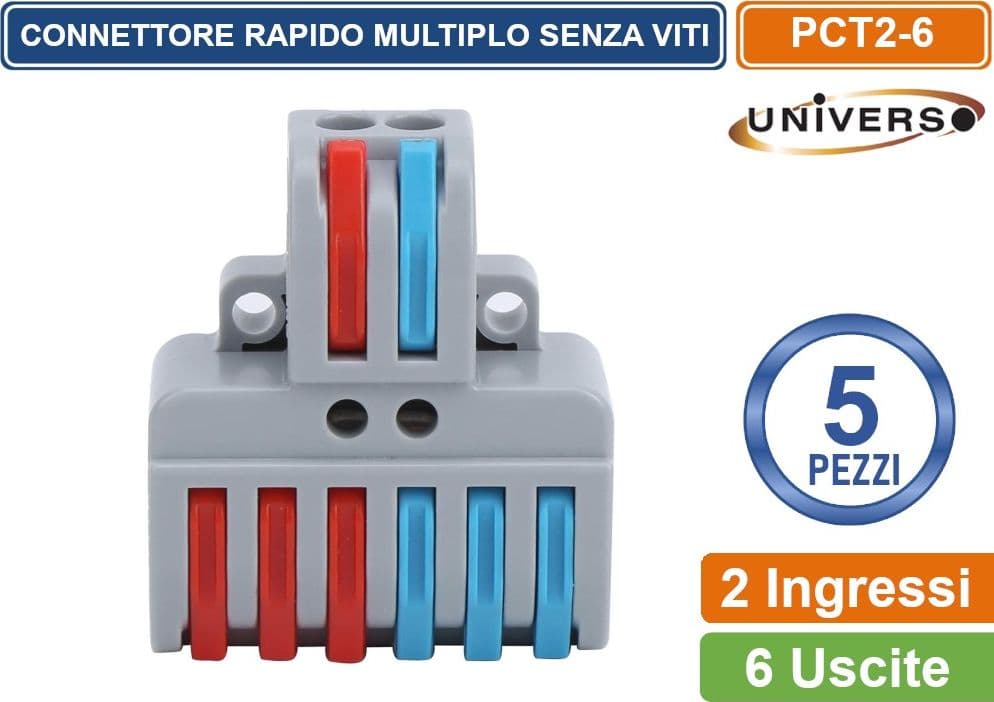 UNIVERSO CONFEZIONE 5 PEZZI MORSETTO CONNETTORE UNIVERSALE MULTIPLO CONNESSIONE RAPIDA SENZA VITI  2 POLI IN INGRESSO 6 POLI IN USCITA - 2
