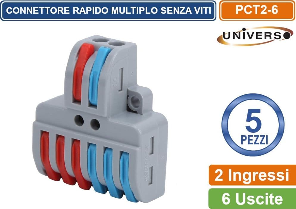 UNIVERSO CONFEZIONE 5 PEZZI MORSETTO CONNETTORE UNIVERSALE MULTIPLO CONNESSIONE RAPIDA SENZA VITI  2 POLI IN INGRESSO 6 POLI IN USCITA - 3