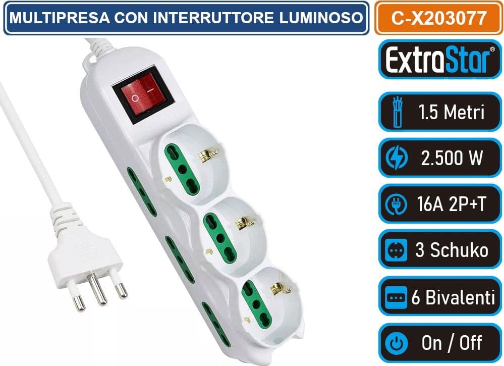 EXTRASTAR MULTIPRESA 9 POSTI 6 BIPASSO + 3 SCHUKO 250V COLORE BIANCO CON INTERRUTTORE LUMINOSO 3500W 10/16A
