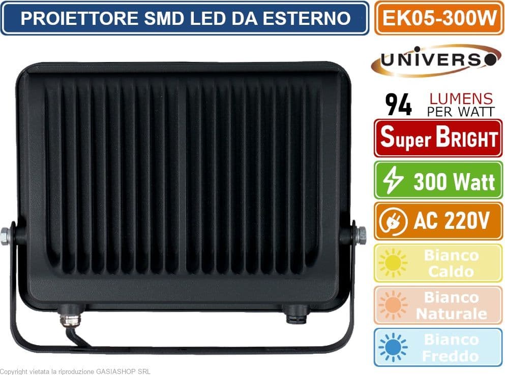 UNIVERSO EK05-300W-N FARO PROIETTORE SMD LED FLOODLIGHT 300W SLIM IP65 COLORE NERO - 3000K 4000K 6500K - 2