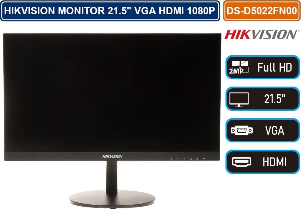 HIKVISION DS-D5022FN00 MONITOR 21.5" INGRESSO VIDEO VGA HDMI ALTA RISOLUZIONE FULL HD 1080P - 2