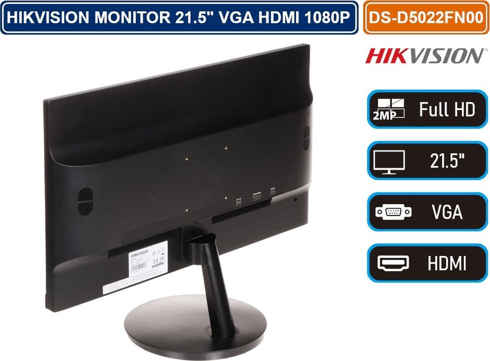 HIKVISION DS-D5022FN00 MONITOR 21.5" INGRESSO VIDEO VGA HDMI ALTA RISOLUZIONE FULL HD 1080P - 3