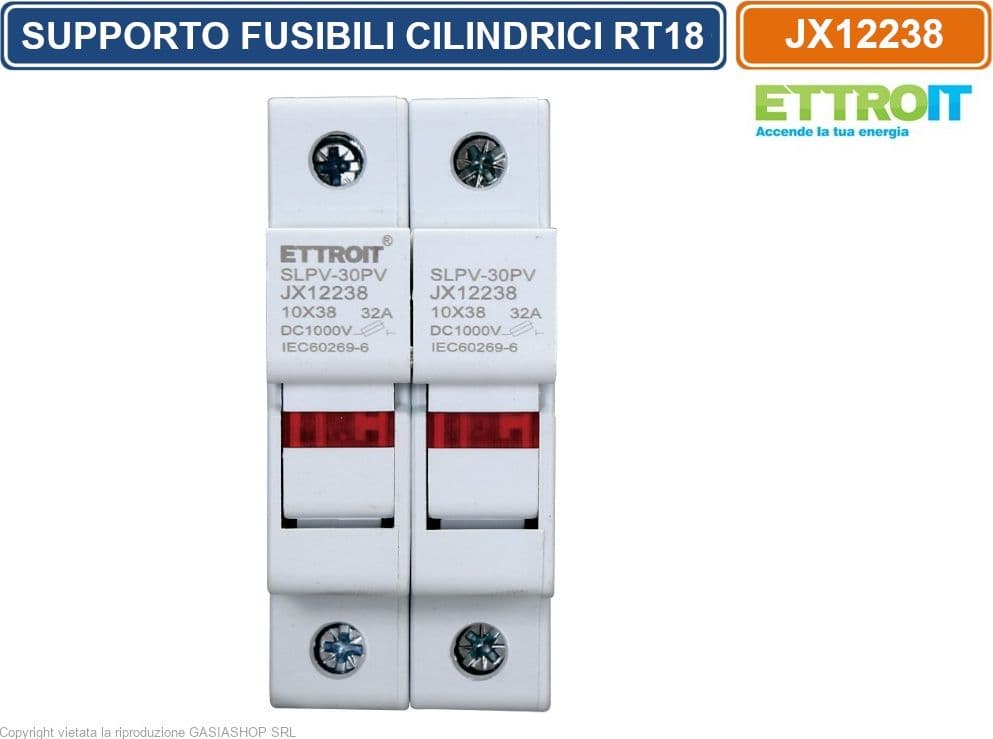 ETTROIT JX12238 SUPPORTO PER FUSIBILI CILINDRICI BASE RT18-32 2P GUIDA DIN 10 X 38MM AC/DC - 2