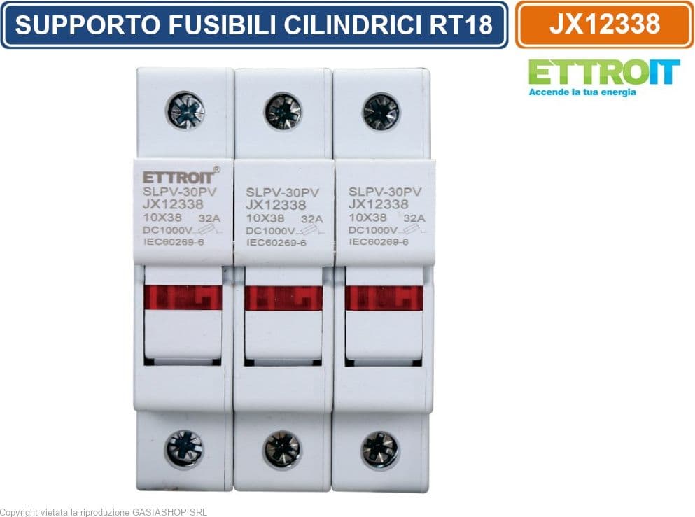 ETTROIT JX12338 PORTAFUSIBILI SUPPORTO PER FUSIBILI CILINDRICI BASE RT18-32 32A 3P GUIDA DIN 10 X 38MM AC/DC - 2