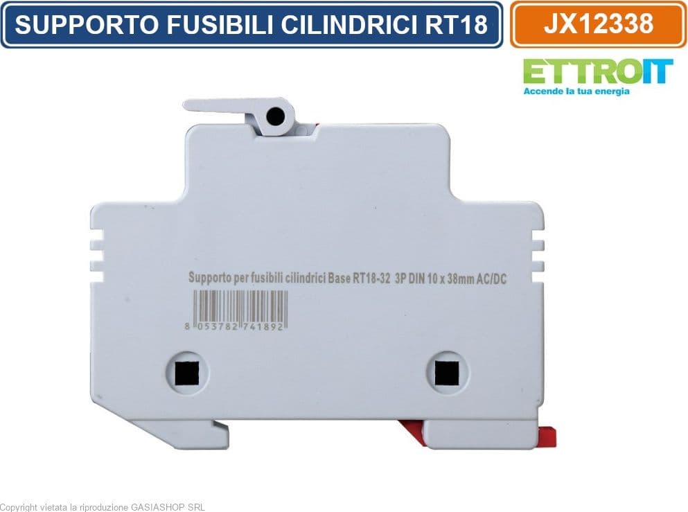 ETTROIT JX12338 PORTAFUSIBILI SUPPORTO PER FUSIBILI CILINDRICI BASE RT18-32 32A 3P GUIDA DIN 10 X 38MM AC/DC - 3