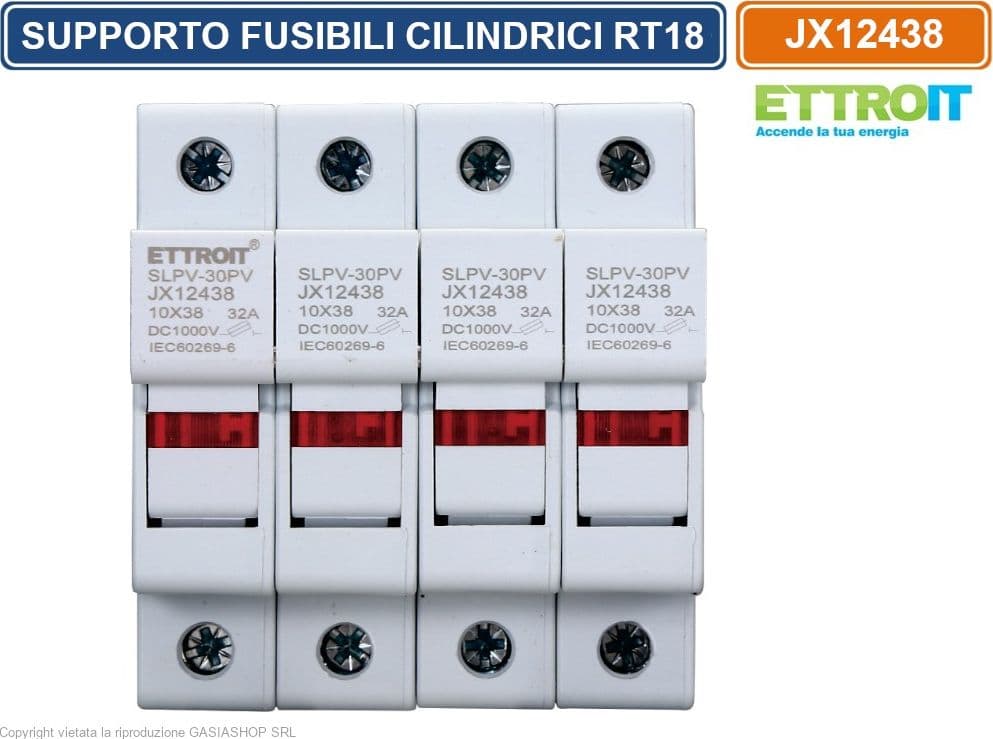 ETTROIT JX12438 PORTAFUSIBILI SUPPORTO PER FUSIBILI CILINDRICI BASE RT18-32 32A 4P GUIDA DIN 10 X 38MM AC/DC - 2