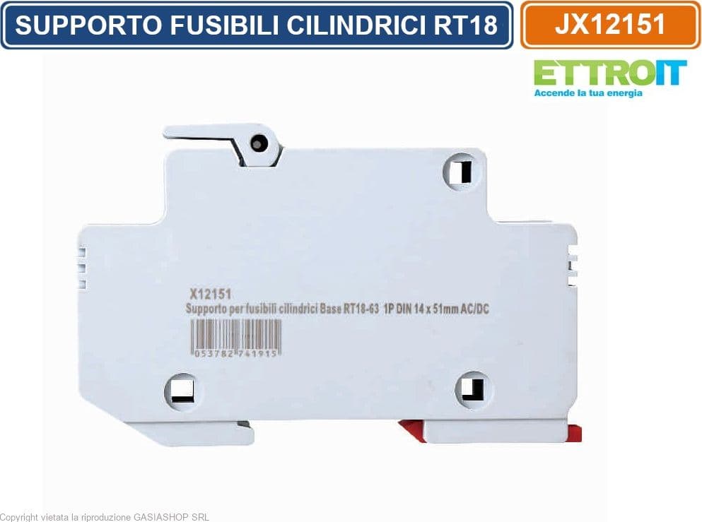 ETTROIT JX12151 SUPPORTO PER FUSIBILI CILINDRICI PORTAFUSIBILI BASE RT18-63 1P GUIDA DIN 14 X 51MM DC 1500V - 3