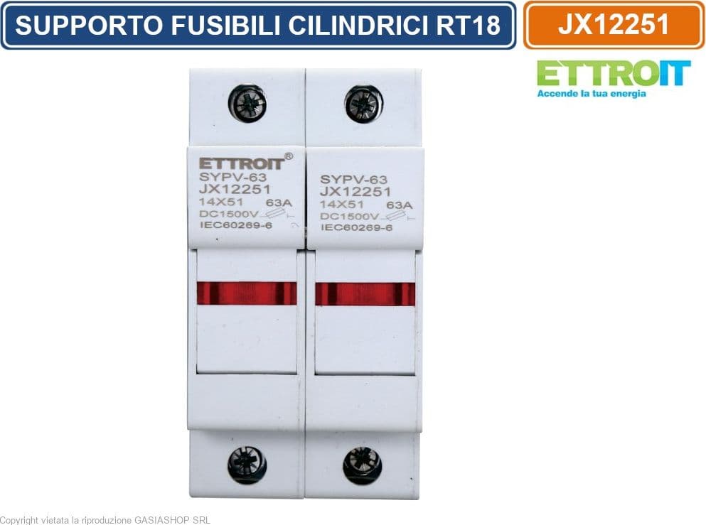 ETTROIT JX12251 SUPPORTO PER FUSIBILI CILINDRICI PORTAFUSIBILI BASE RT18-63 2P GUIDA DIN 14 X 51MM DC 1500V - 2