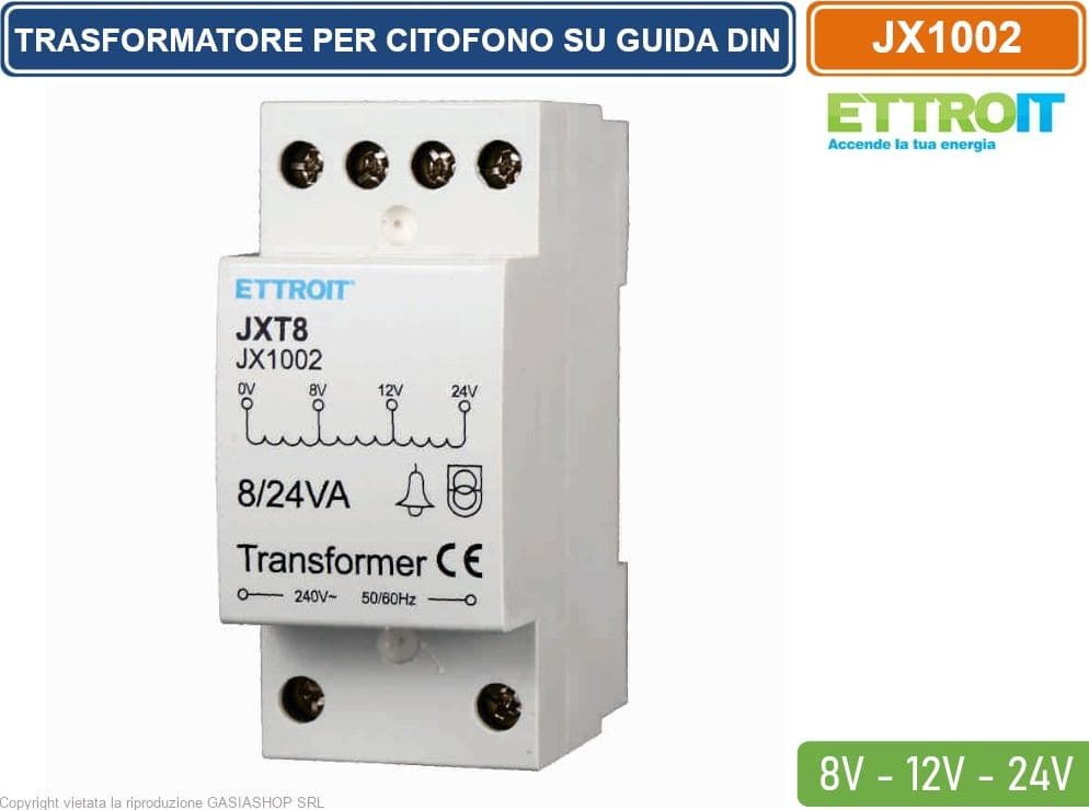 ETTROIT JX1002 TRASFORMATORE PER CITOFONO DA 220V A 8/12/24V PER GUIDA DIN STANDARD - INPUT 220-240V - 3