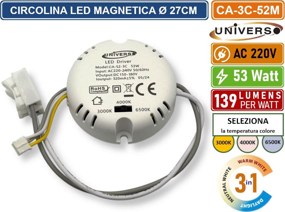 CIRCOLINA MAGNETICA NEON LED PIASTRA DISCO ANELLO PLAFONIERA CIRCOLARE LAMPADA T9 G10Q 53W Ø27CM COLORE LUCE SELEZIONABILE CCT 3IN1 3000K - 4000K -6500K - 2