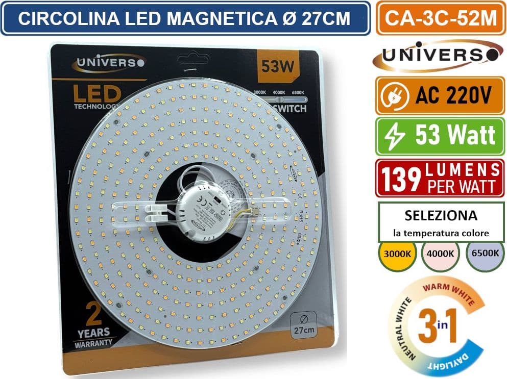 CIRCOLINA MAGNETICA NEON LED PIASTRA DISCO ANELLO PLAFONIERA CIRCOLARE LAMPADA T9 G10Q 53W Ø27CM COLORE LUCE SELEZIONABILE CCT 3IN1 3000K - 4000K -6500K - 3