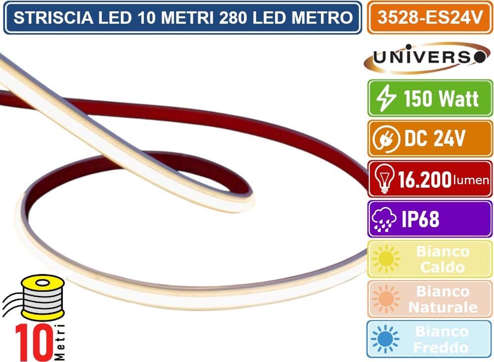UNIVERSO 3528-ES24V STRISCIA LED SMD 2025 M0NOCOLORE 280 LED/METRO DC 24V SUBACQUEA IP68 BOBINA 10 METRI - 2