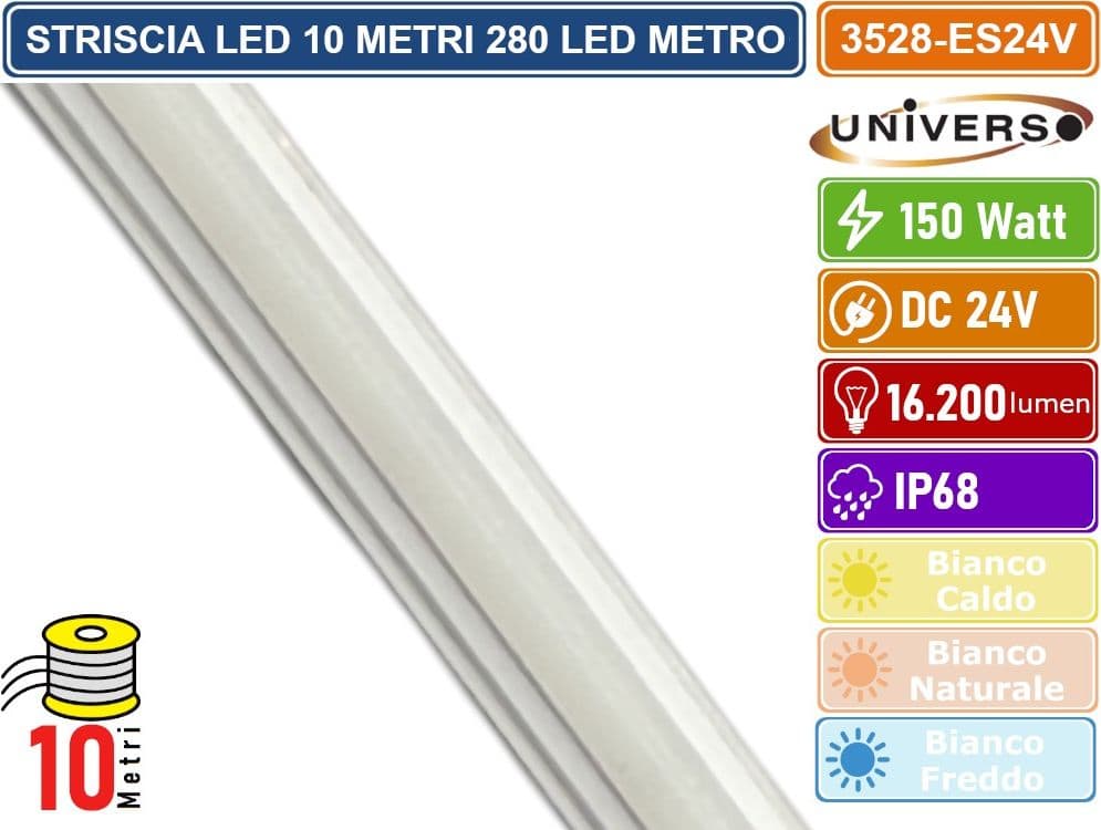 UNIVERSO 3528-ES24V STRISCIA LED SMD 2025 M0NOCOLORE 280 LED/METRO DC 24V SUBACQUEA IP68 BOBINA 10 METRI - 3