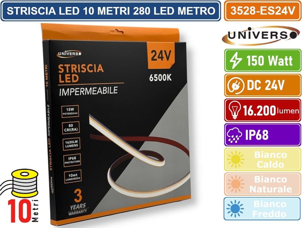 UNIVERSO 3528-ES24V STRISCIA LED SMD 2025 M0NOCOLORE 280 LED/METRO DC 24V SUBACQUEA IP68 BOBINA 10 METRI - 4