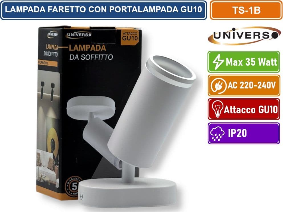 UNIVERSO TS-1B PORTAFARETTO DA MURO CON PORTALAMPADA ATTACCO GU10 APPLIQUE COLORE BIANCO
