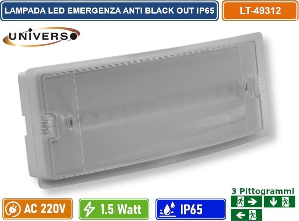 UNIVERSO LT-49312 LAMPADA LED DI EMERGENZA DA ESTERNO ANTI BLACK OUT 1.5W 90 LUMEN DA INTERNO CON PITTOGRAMMI IP65 - 2