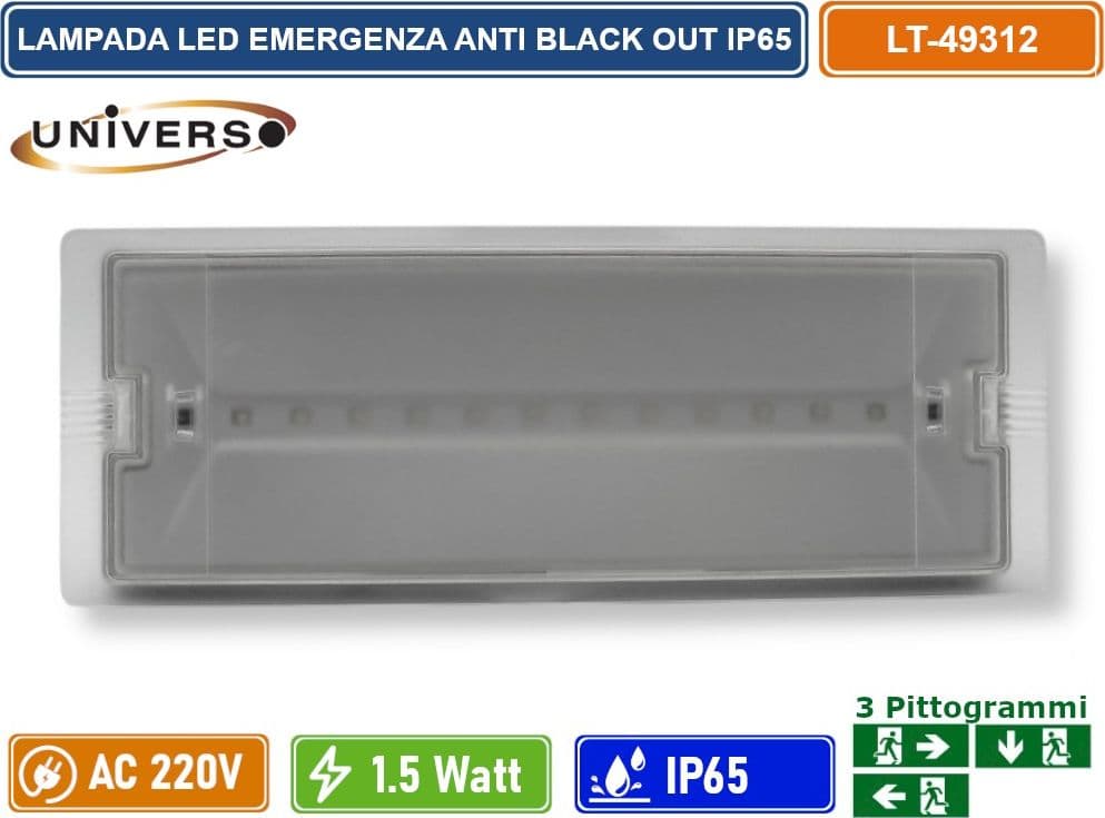UNIVERSO LT-49312 LAMPADA LED DI EMERGENZA DA ESTERNO ANTI BLACK OUT 1.5W 90 LUMEN DA INTERNO CON PITTOGRAMMI IP65 - 3