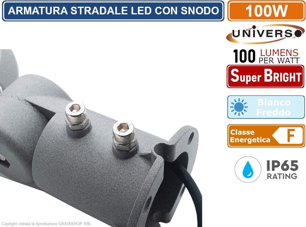 UNIVERSO LP-100F PROIETTORE FARO ARMATURA STRADALE LED 100W CON SNODO INCORPORATO DA ESTERNO IP65 LUCE BIANCO FREDDO 6500K - 4
