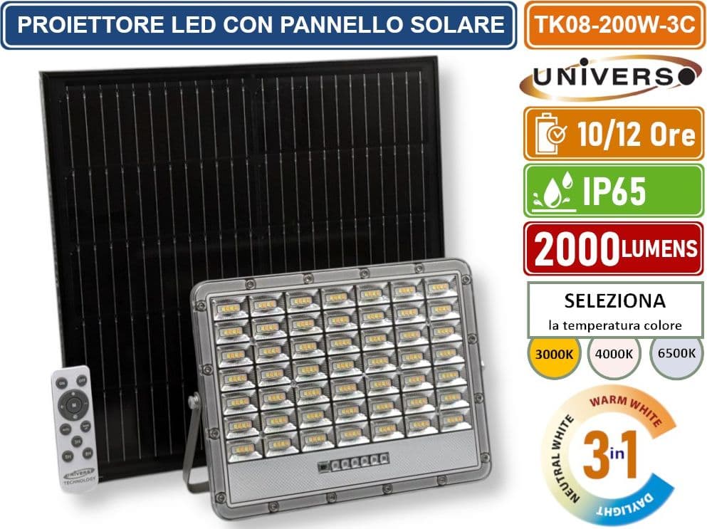 UNIVERSO TK08-200W-3C FARO LED FLOODLIGHT 2000 LUMEN IP65 COLORE GRIGIO CON PANNELLO SOLARE E TELECOMANDO CCT 3IN1 - 2