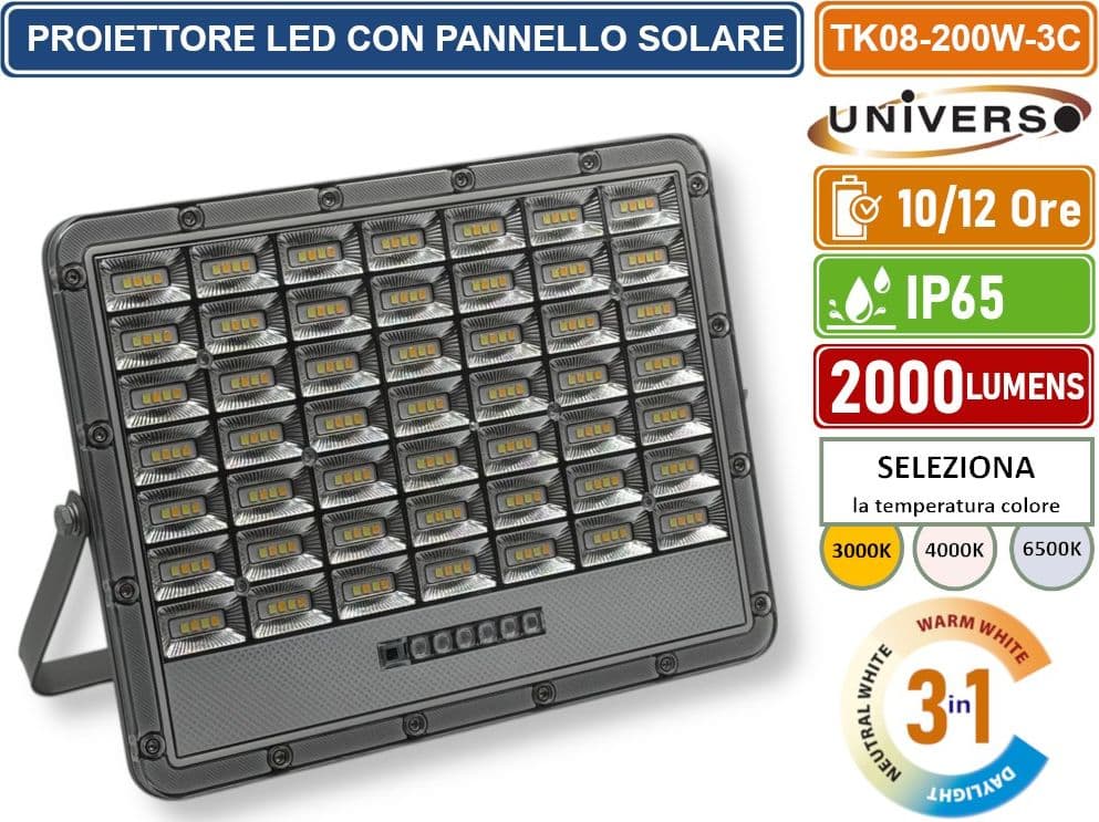 UNIVERSO TK08-200W-3C FARO LED FLOODLIGHT 2000 LUMEN IP65 COLORE GRIGIO CON PANNELLO SOLARE E TELECOMANDO CCT 3IN1 - 3
