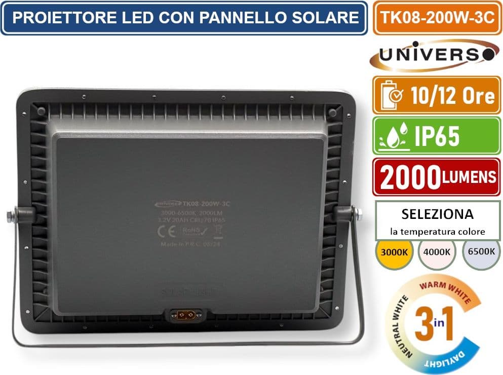 UNIVERSO TK08-200W-3C FARO LED FLOODLIGHT 2000 LUMEN IP65 COLORE GRIGIO CON PANNELLO SOLARE E TELECOMANDO CCT 3IN1 - 4