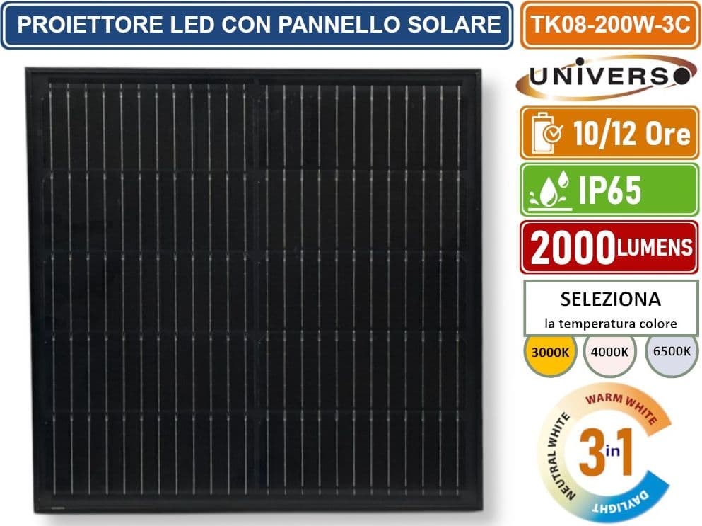 UNIVERSO TK08-200W-3C FARO LED FLOODLIGHT 2000 LUMEN IP65 COLORE GRIGIO CON PANNELLO SOLARE E TELECOMANDO CCT 3IN1 - 5