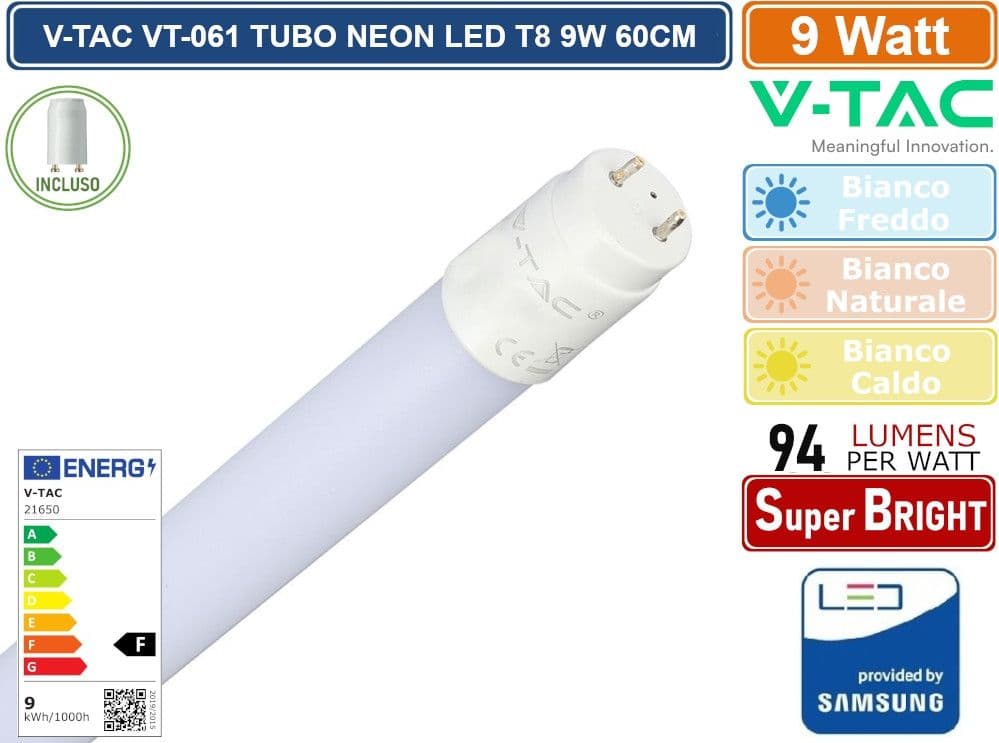 V-TAC PRO VT-061 SMD TUBO LED NANO PLASTIC T8 G13 9W LAMPADINA 60CM CHIP SAMSUNG CON STARTER - SKU 21650 / 21651 / 21652 - 2