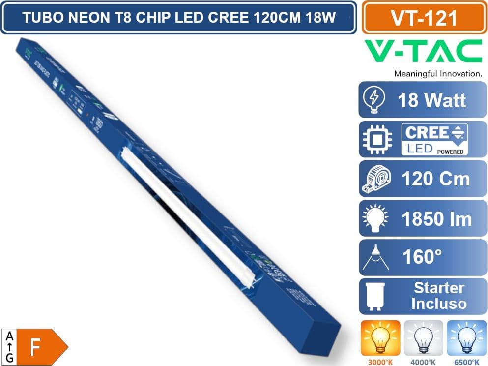 V-TAC PRO VT-121 SMD TUBO LED NANO PLASTIC T8 G13 18W LAMPADINA 120CM CHIP CREE CON STARTER - 3000K - 4000K - 6500K - 2