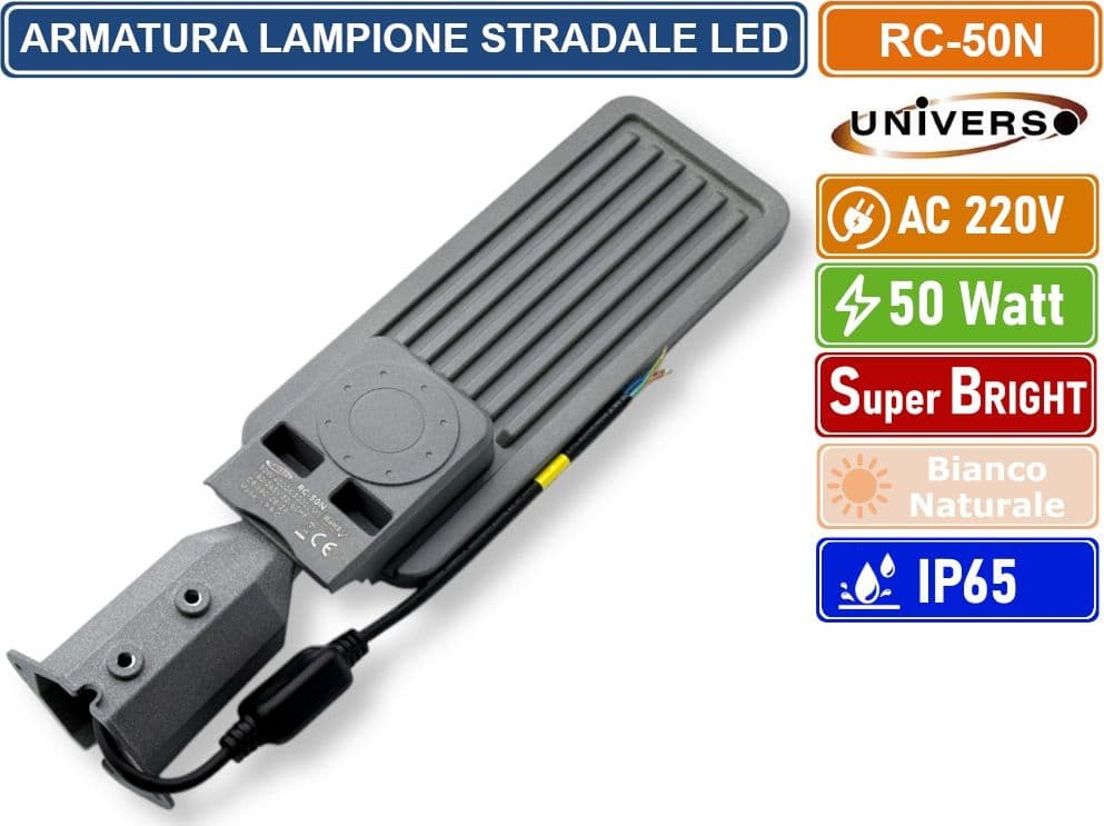 UNIVERSO RC-50N PROIETTORE FARO ARMATURA STRADALE LED 50W CON SNODO INCORPORATO DA ESTERNO IP65 LUCE BIANCO NATURALE 4000K - 3
